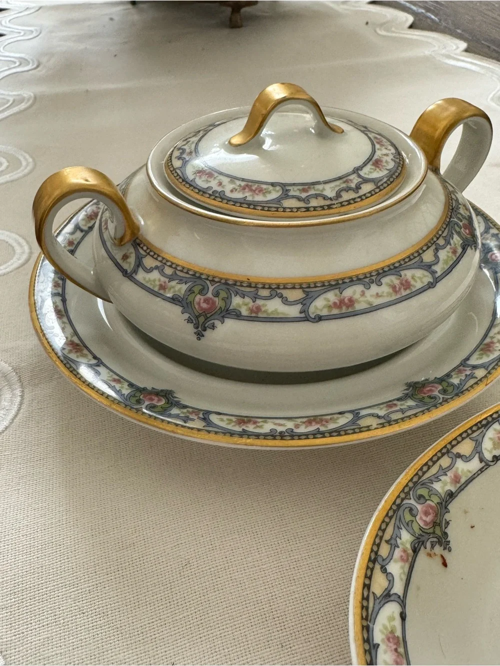 Haviland (Limoges) Troy, Pink Roses, Blue Scrolls:  set off 5 / hand  painted